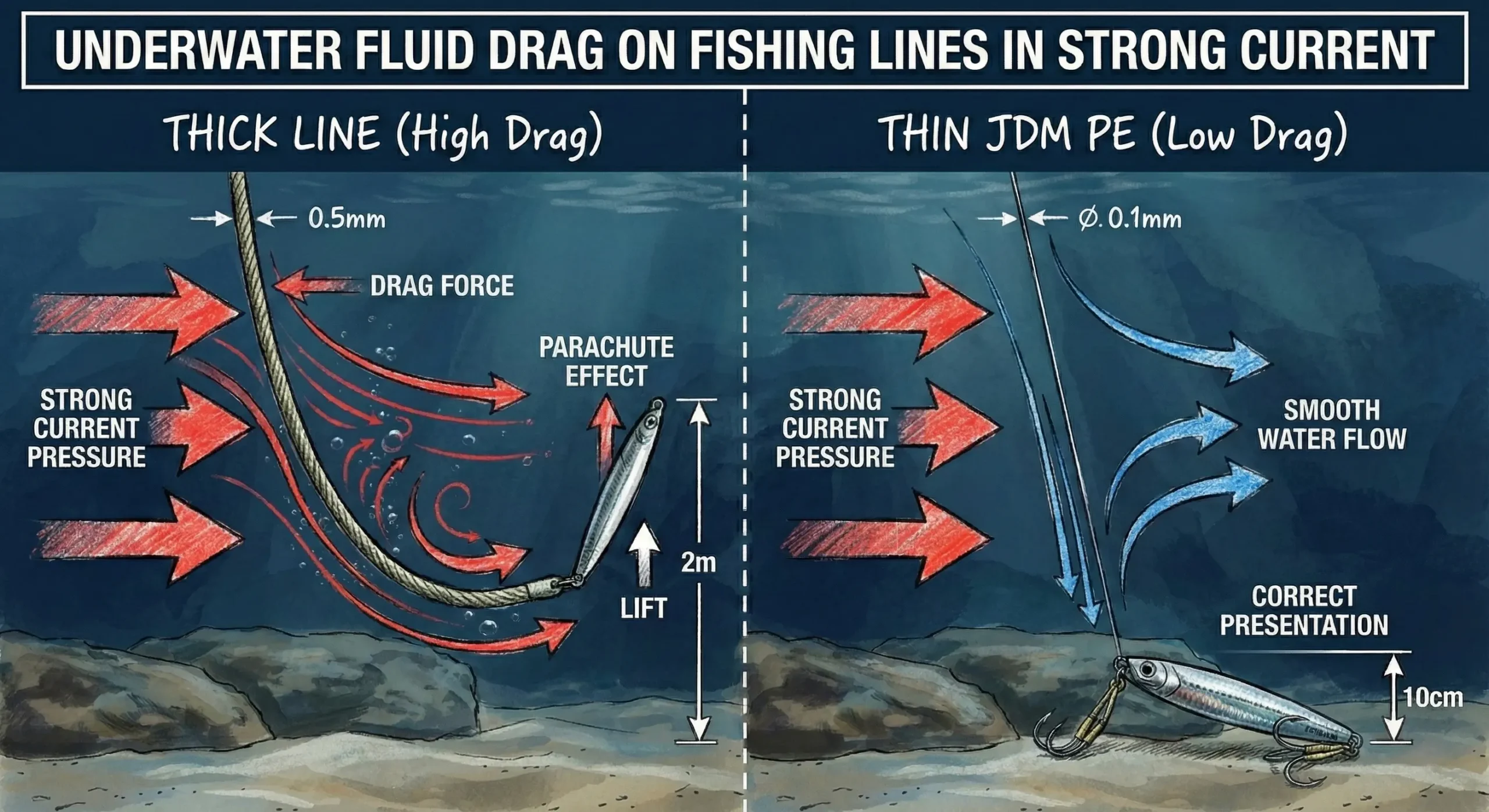 Diagram showing fluid drag causing thick line to bow (Parachute Effect) vs thin JDM PE line cutting current vertically.