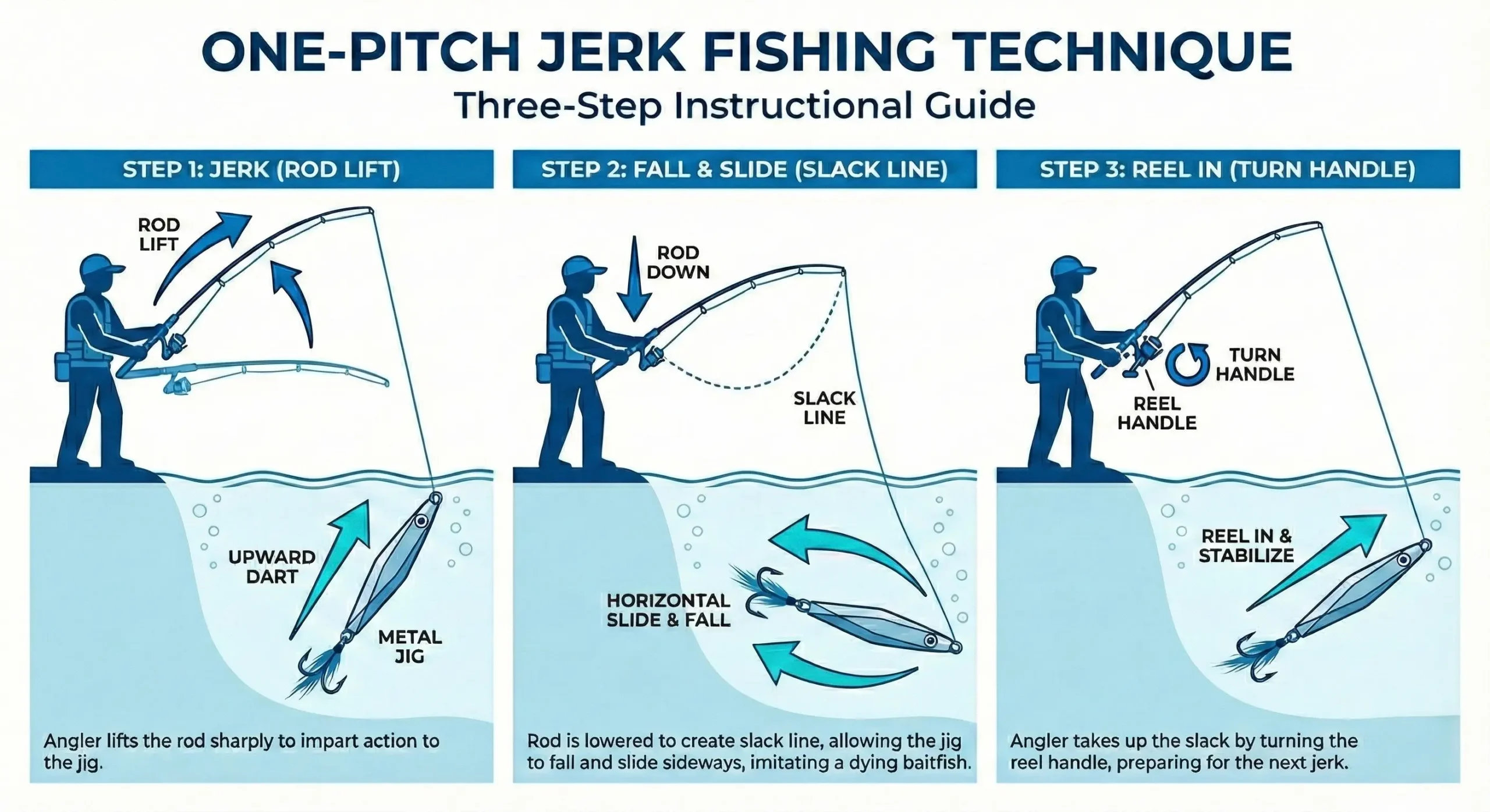 Diagram illustrating the JDM One Pitch Jerk technique: Lifting the rod to accelerate the jig, then lowering it while winding once to create a slack line slide.
