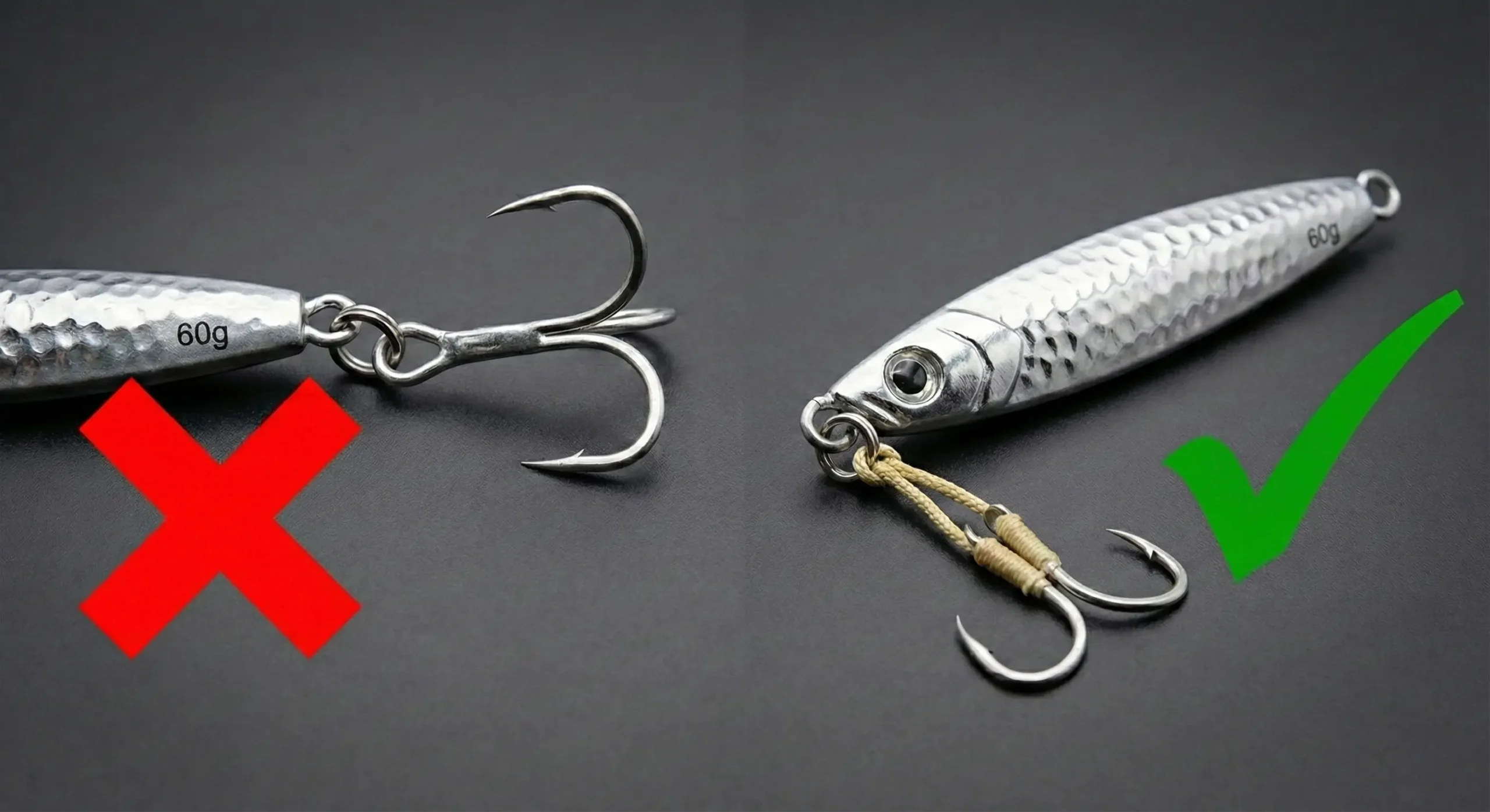 A side-by-side comparison photo showing two metal jigs: one with a rear treble hook marked with a red X, and the other with correct JDM twin assist hooks attached to the front eye, marked with a green check.