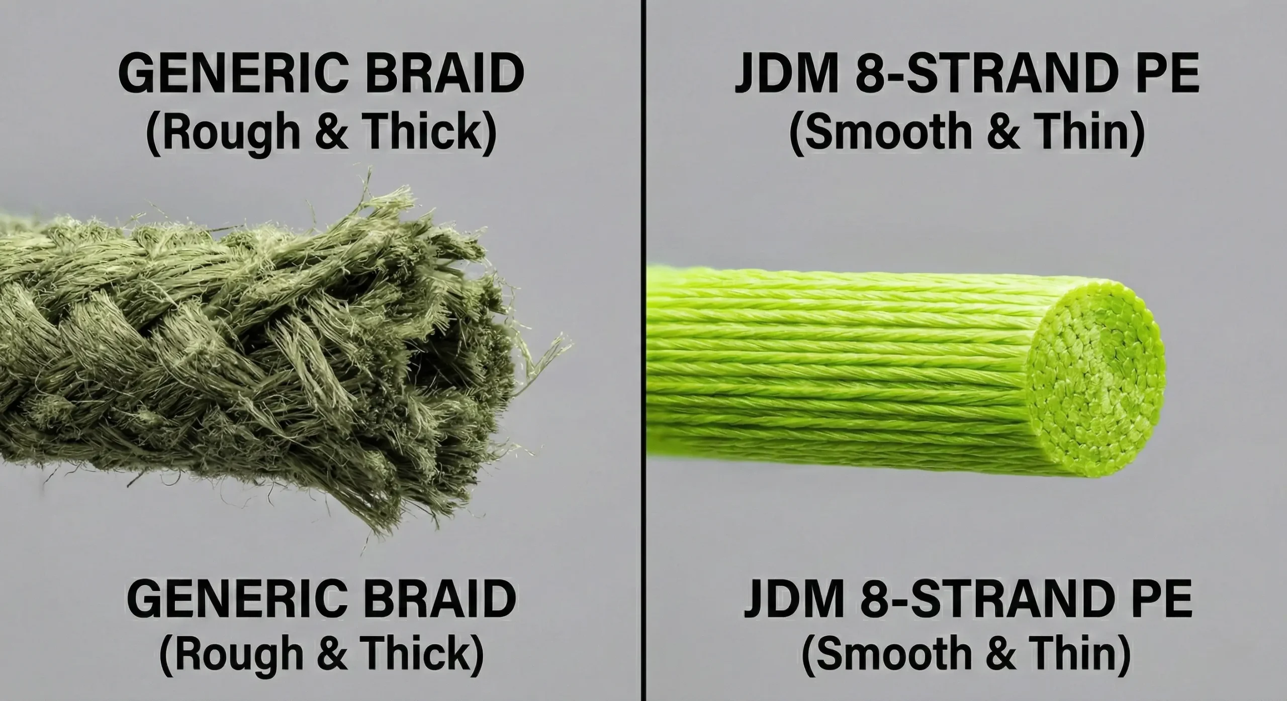 Macro cross-section comparison: Rough, thick generic braid fibers vs smooth, tightly woven JDM 8-strand PE line.