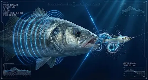 物理学的アプローチによるシーバスの捕食解析イメージ。スズキの側線が感知する周波数（Hz）や光の波長（nm）を可視化したデジタルHUDと、ルアーに襲いかかる瞬間のシーバス。