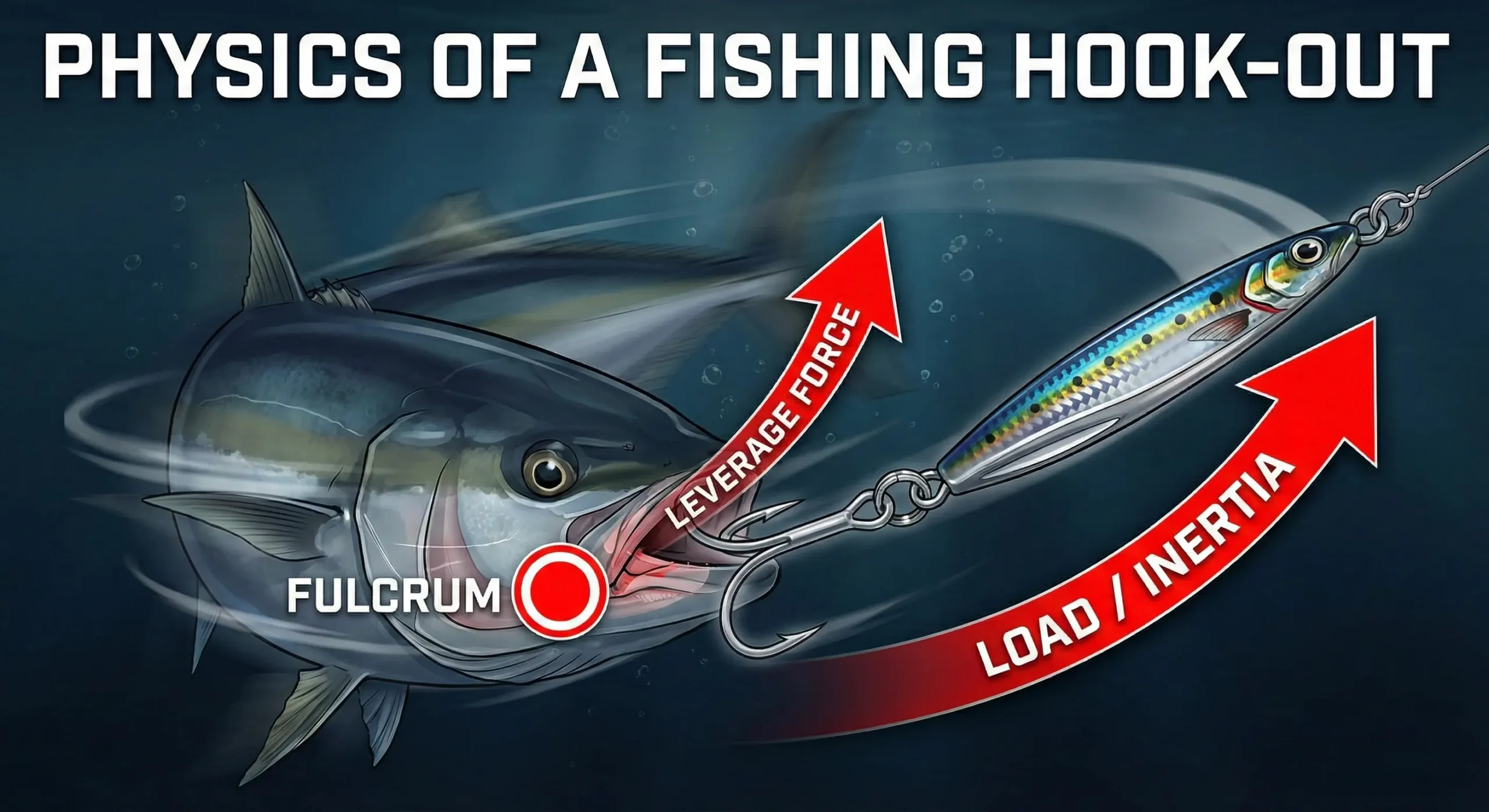A scientific diagram illustrating how a heavy metal jig creates leverage during a fish's head shake, causing a rigid treble hook to pry out of the jaw due to inertia and torque.