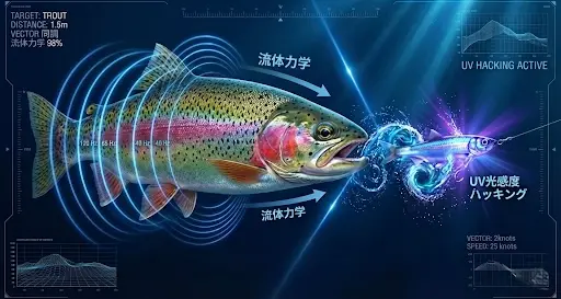 「流体力学によるベクトル同調とUV光感度ハッキングを科学的に分析したトラウトフィッシングのイメージ。ニジマスがルアーに反応する様子をサイバーパンク調のHUDインターフェースで可視化。」